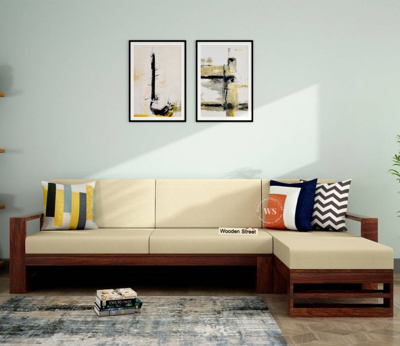 Front Image 1 - Ryker L-Shape Right Aligned Wooden Sofa (Walnut Finish, Irish Cream)