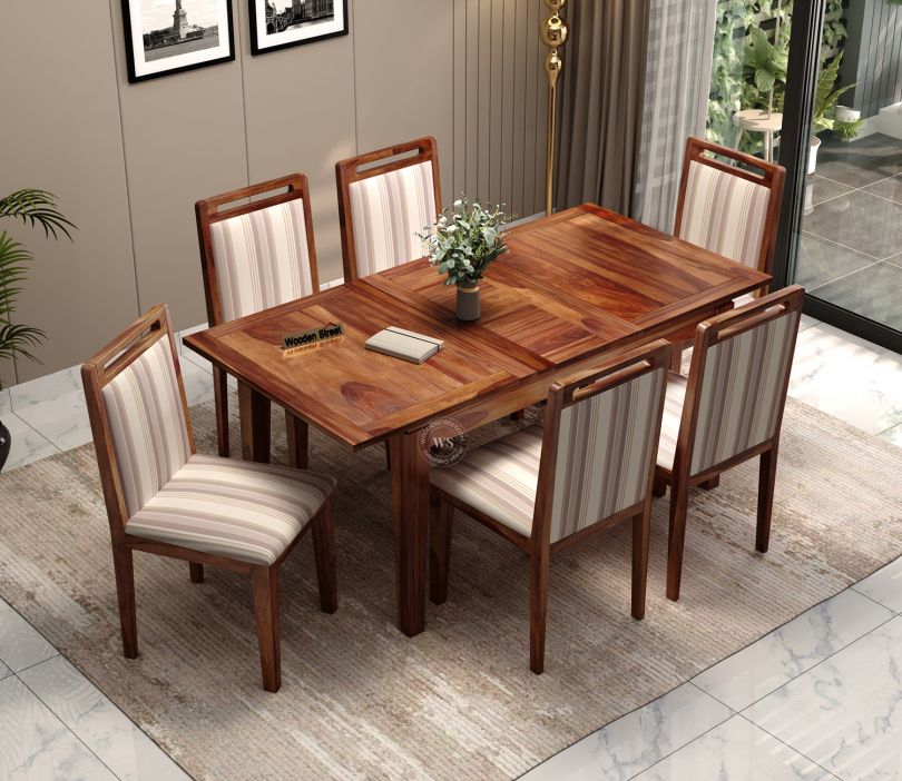 Product Image 4 - Taylor 6 Seater Dining Set with 6 Premium Upholstered Chair | Extendable from 4 to 6 Seater | Cream Stripe Fabric Cotton (Honey Finish)
