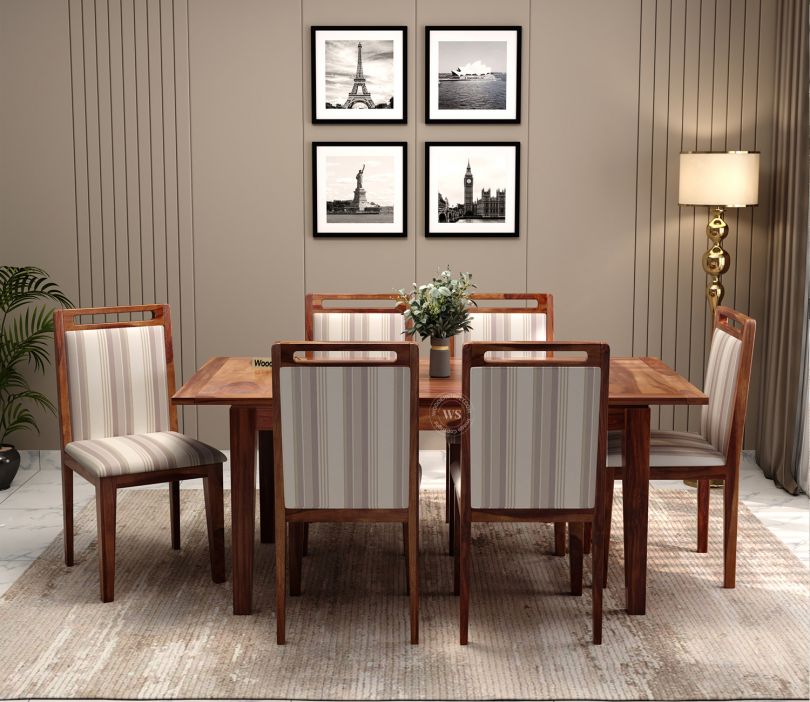 Product Image 5 - Taylor 6 Seater Dining Set with 6 Premium Upholstered Chair | Extendable from 4 to 6 Seater | Cream Stripe Fabric Cotton (Honey Finish)