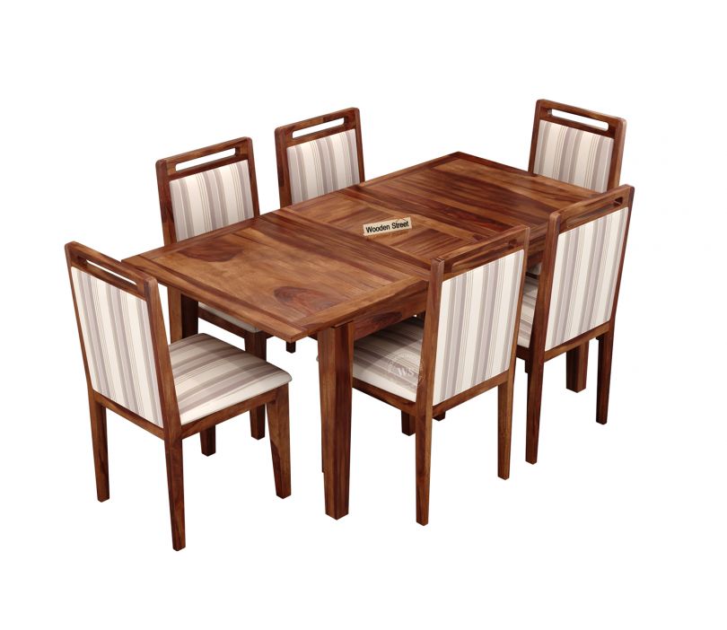 Product Image 8 - Taylor 6 Seater Dining Set with 6 Premium Upholstered Chair | Extendable from 4 to 6 Seater | Cream Stripe Fabric Cotton (Honey Finish)
