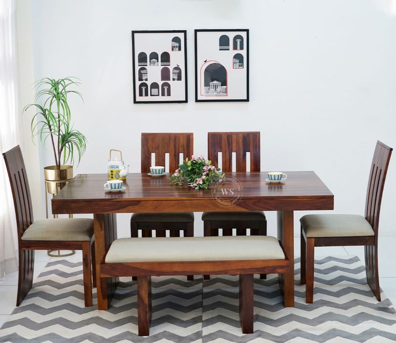 Front Image 1 - Wertex 6 Seater Dining Set with Bench (Honey Finish)