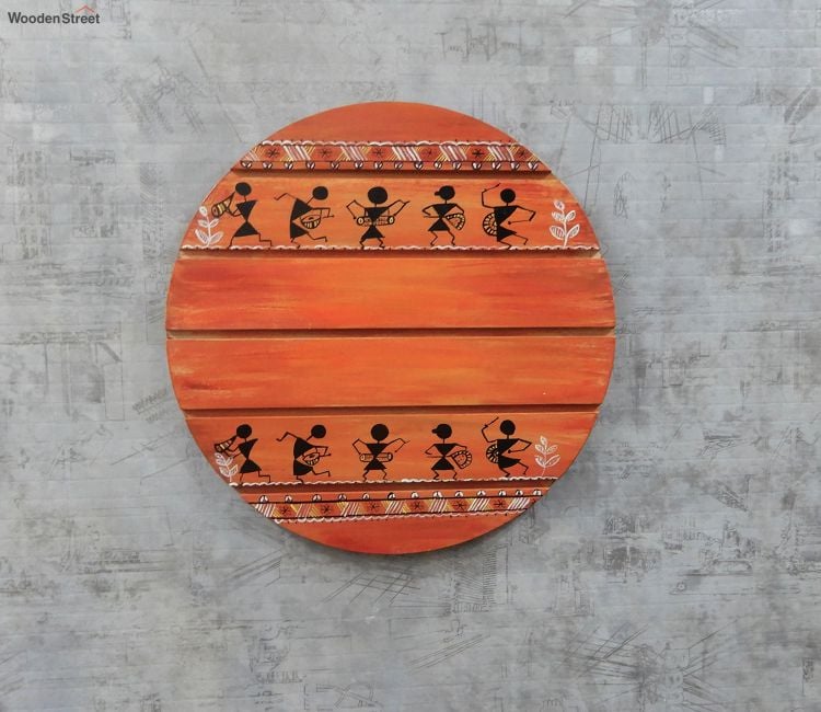 Brown and Red Round Warli Art Wooden Wall Hanging