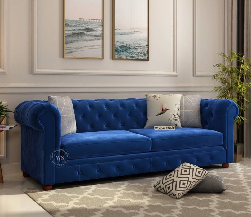 Fabric Couches: Henry 3 Seater Sofa (Velvet, Indigo Blue)