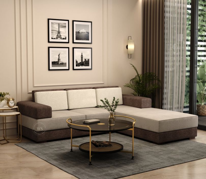 Front Image 1 - Mishael L-Shaped Right Aligned 5 Seater Fabric Sofa (Beige Brown)