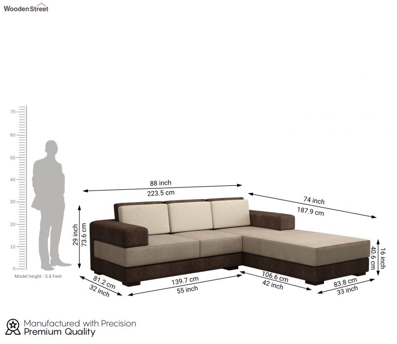 Dimension Image 1 - Mishael L-Shaped Right Aligned 5 Seater Fabric Sofa (Beige Brown)