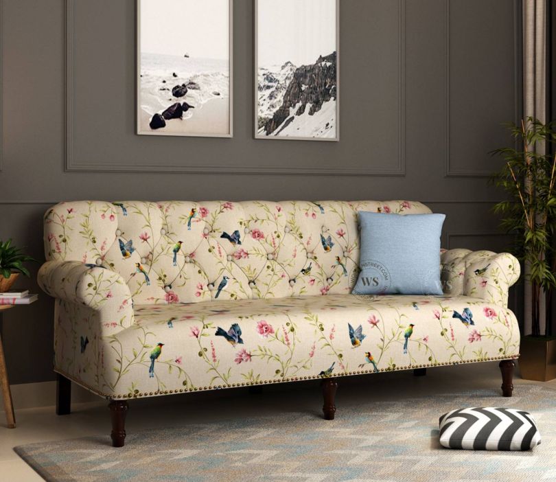 Parker 3 Seater Sofa (Cotton, Cream Robins) 3 Seater Sofa Set Online India, Linen Fabric Finish Parker