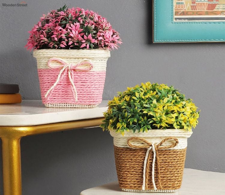 Artificial Combo of 2 Bush with Small Yellow and Pink Leaves with Pots