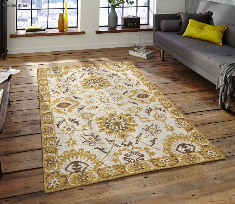 Buy Kashmiri Carpets Online | Floor Carpet Design - Living Room Floor Carpet - 6 x 4 Feet Loop Pile Floral Golden Hand-Tufted Wool Carpet (Gold)
