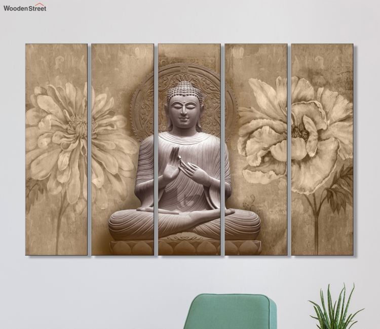 Meditating Buddha and Flowers MDF Art Panels - Set of 5 Frames