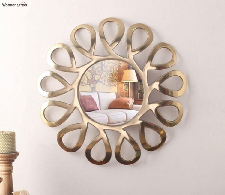 Decorative Mirror Design Online | Golden Colour Round Metal Wall Mirror Design Online for Bedroom or Living Room