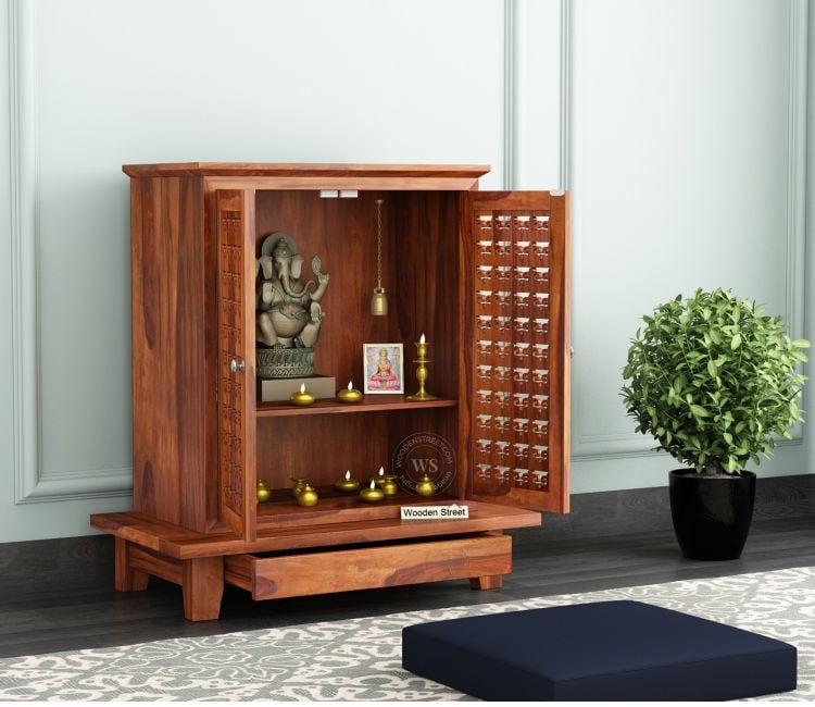 Bhagwati Premium Solid Wood Home Temple With Intricate Carving Doors &amp; Spacious Drawer For Ample Storage (Honey Finish)