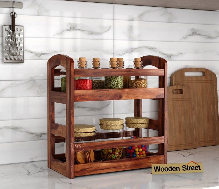 Kitchen Storage Racks Kian Sheesham Wood Kitchen Rack with Handles in Honey Finish