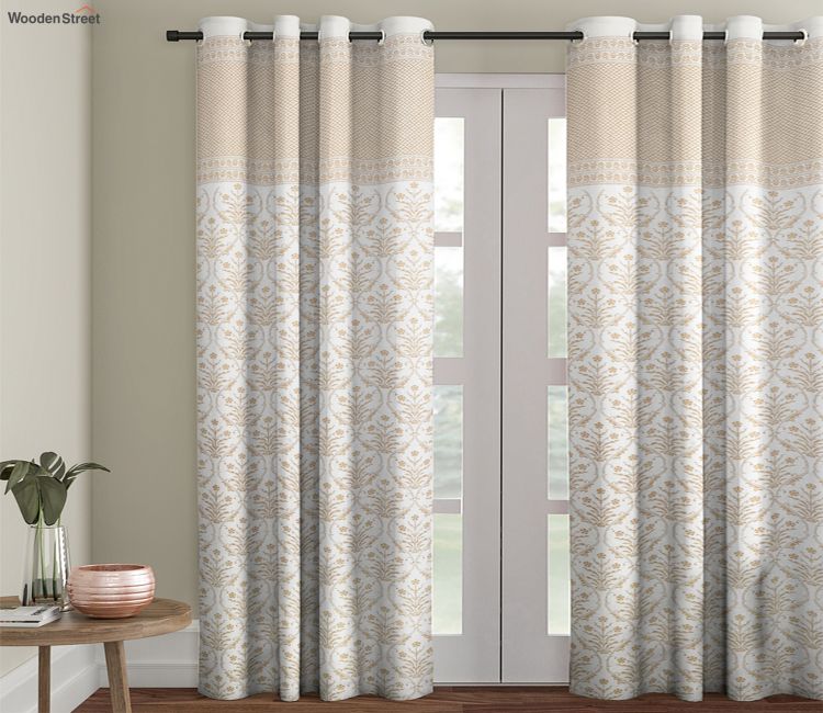 White And Gold Cotton Floral Set Of 2 Door Curtain 7 Feet