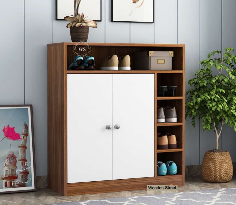 Front Image 1 - Dina 2 Door Modern Shoe Rack Wooden with 20 Pair Capacity (Exotic Teak-Frosty White Finish)