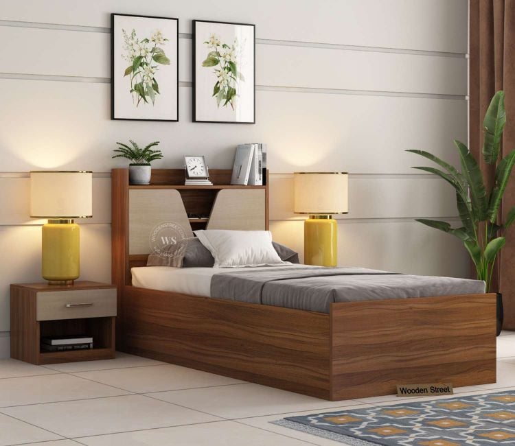 Single Bed Design With Box - Evaline Single Size Bed In Teak Finish | Buy Single Bed With Storage