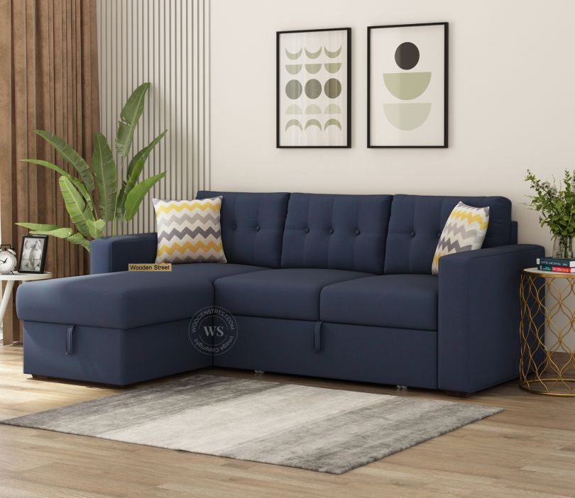 Alfonso Left Aligned Convertible Sofa Cum Bed (Cotton, Indigo Ink) Alfonso L Shape Sofa With Bed | Convertible Sofa Bed | 2 Seater + Left Aligned Chaise