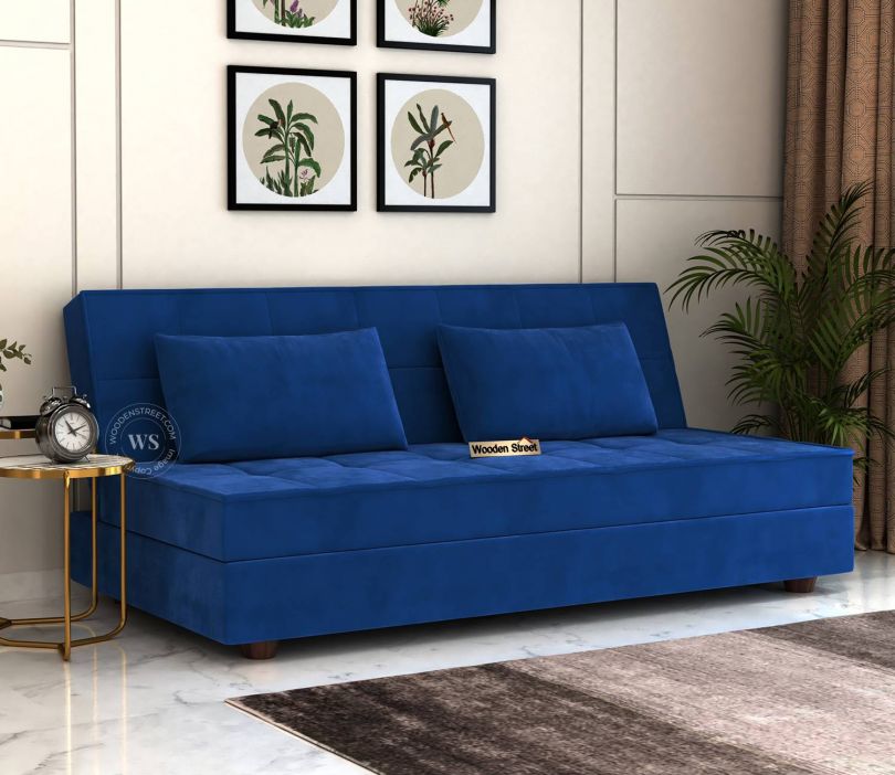 Front Image 1 - Zoey Fabric 3 Seater Convertible Sofa Bed (Velvet, Indigo Blue)