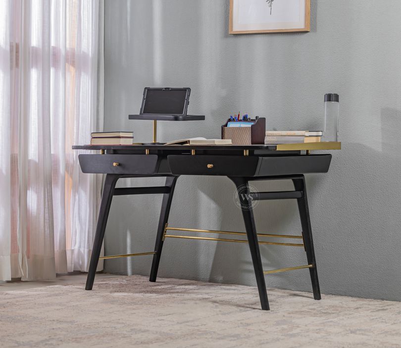 Front Image 1 - Braiden Teak Wood Study Table With Brass Accents (Black Finish)