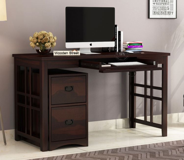 desktop table design | computer table with keyboard tray and bookshelf