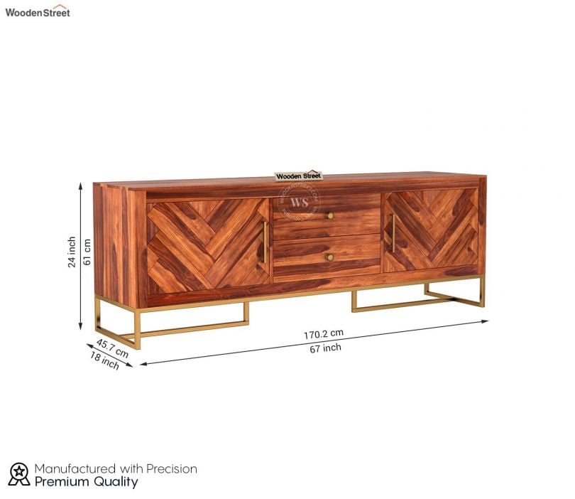 Dimension Image 1 - Jett Metal Base Sheesham Wood Tv Unit with Drawers and Cabinets (Honey Finish)