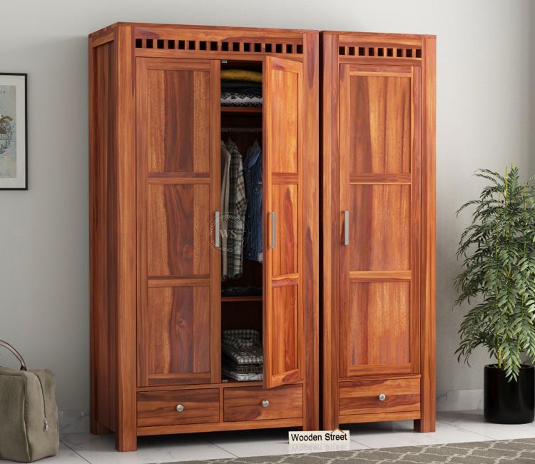 Three Door Almirah Design - Adolph Multi Utility 3 Door Wardrobe in Honey Finish