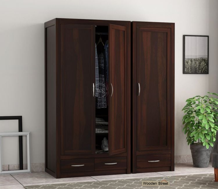 Sheesham Wood Cupboard - Holden Multi Utility 3 Door Wardrobe in Walnut Finish