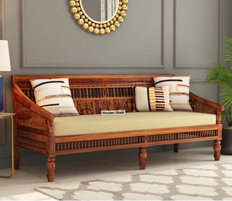 Front Image 1 - Alanis 3 Seater Wooden Sofa (Honey Finish)