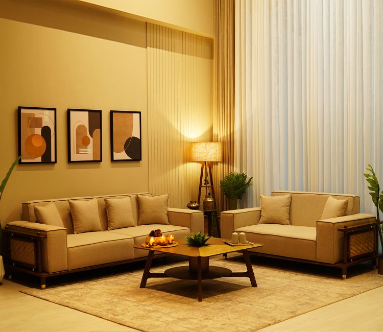 Saket 3+2 Seater Ash Wood Cane Sofa (Sand Beige)