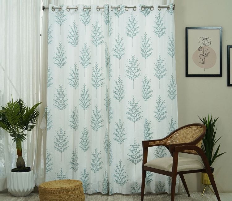Buy Curtains Online - Jacquard Tree 1 Piece Sheer Curtain in Blue Color