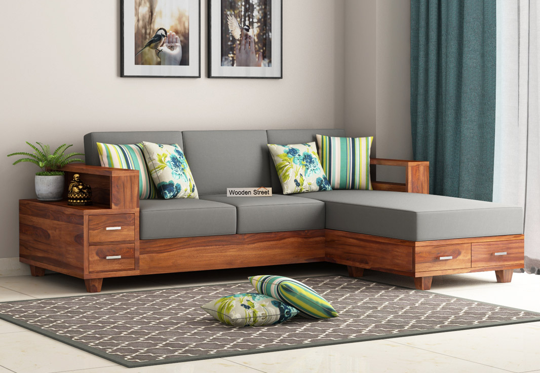 Buy Solace L Shaped Wooden Sofa Honey Finish Online In India Wooden Street