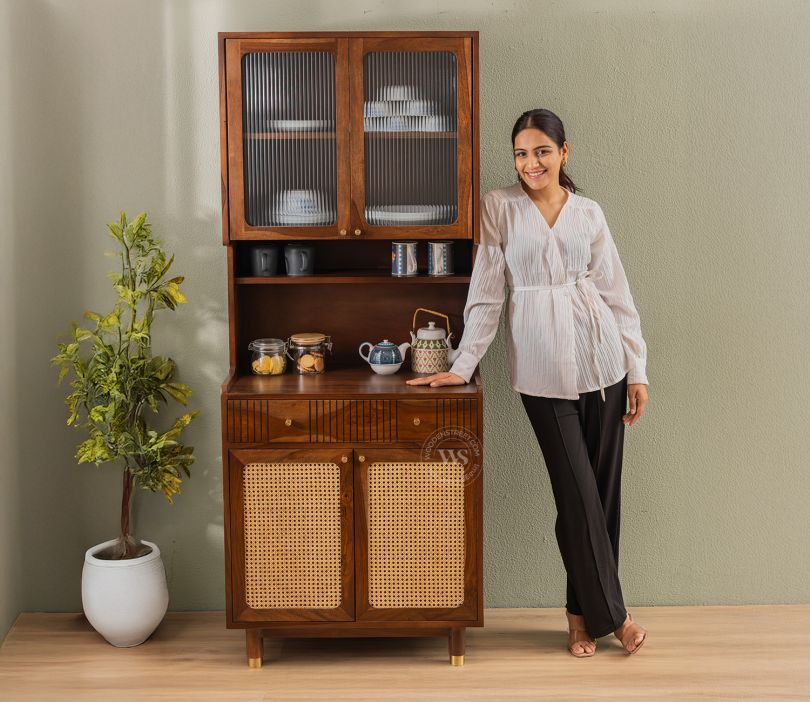 Woodenstreet Sanchay Classic Kitchen Cabinet with Fluted Glass, Cane Weave & Brass Knobs